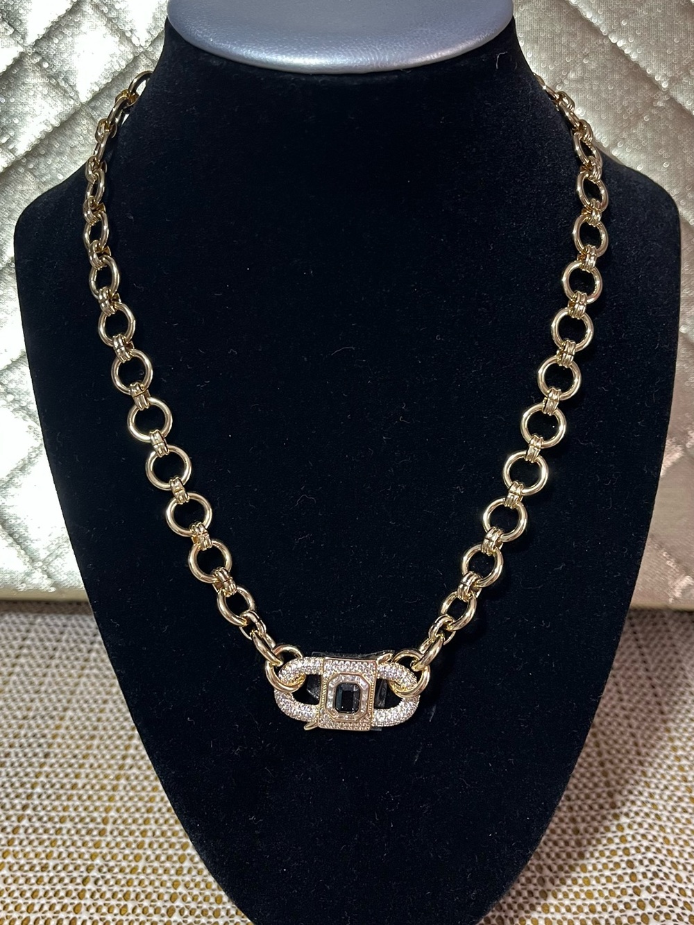 Gold-Tone Link Necklace with Black Stone Center